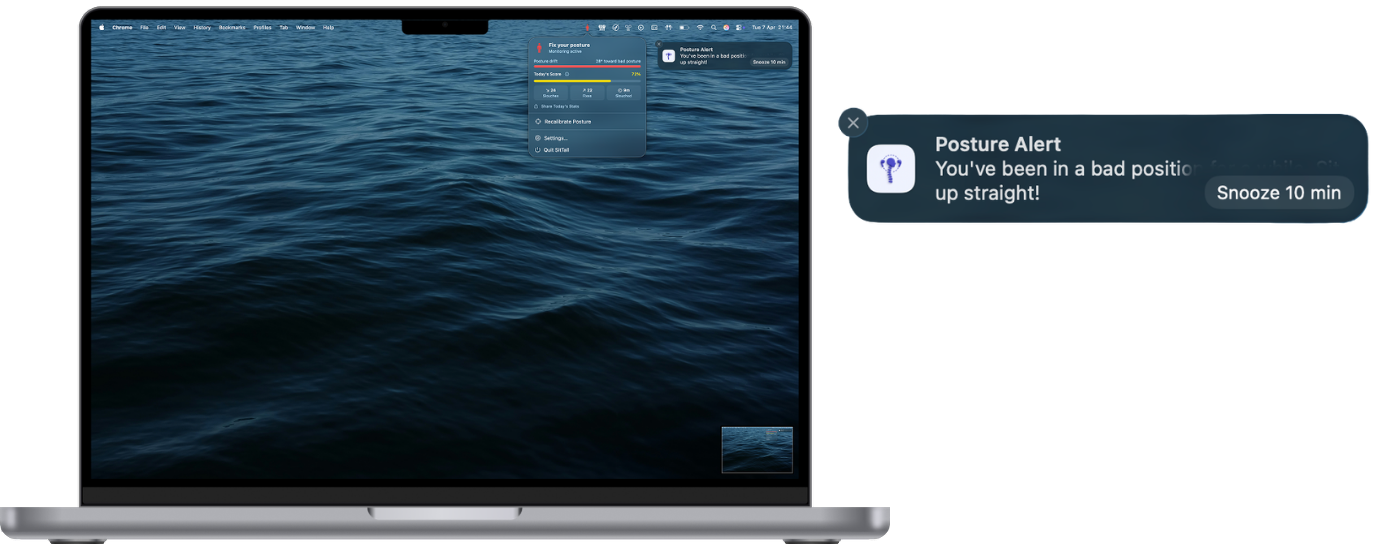 macOS notification from SitTall - Fix Your Posture saying Posture Alert with a Snooze 10 min button